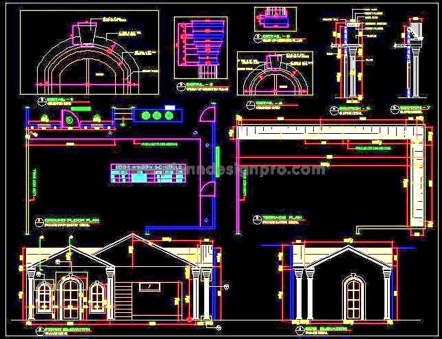 Sloped Roof Design CAD- Pillar, Band, and Crown Details